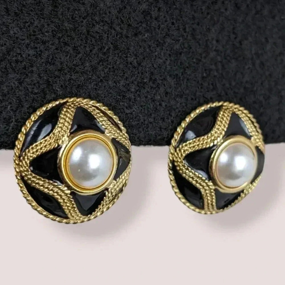 Anne Klein Vintage Pearl Enamel Earrings - Picture 2 of 6